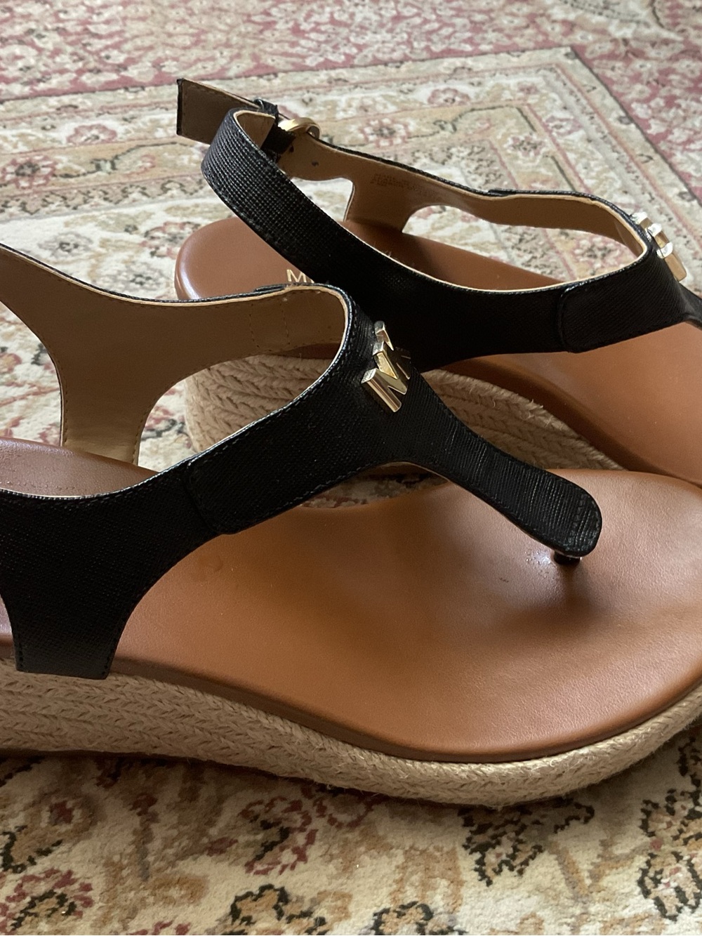 Michael Kors Black Wedge Sandals with Gold Logo